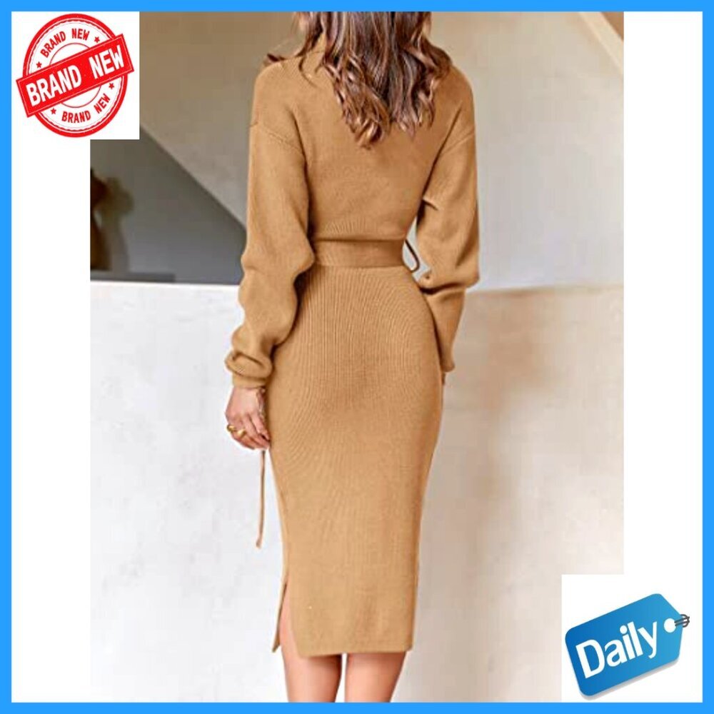 Long Sleeve Turtleneck Sweater Dress Midi Bodycon Ribbed Knit Belted - Picture 4 of 7